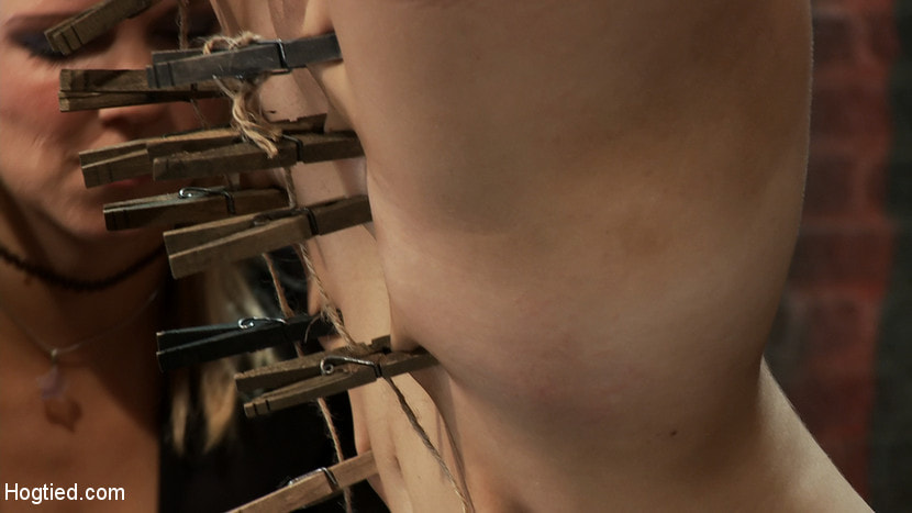 Super cute blond is tormented, cloths pins on her body are ripped off, made to cum over and over!!