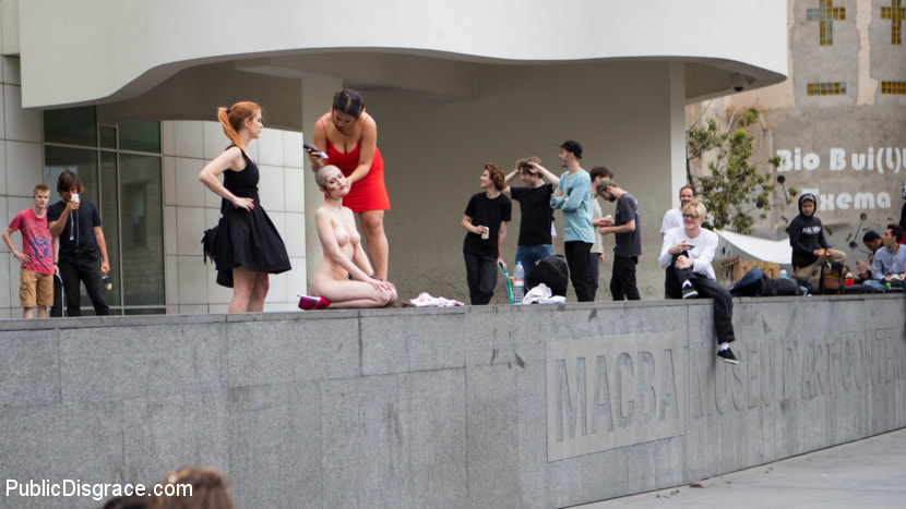 Petitie Slut Nerea Falco Shaves Head and Gets Gang Fucked in Public!