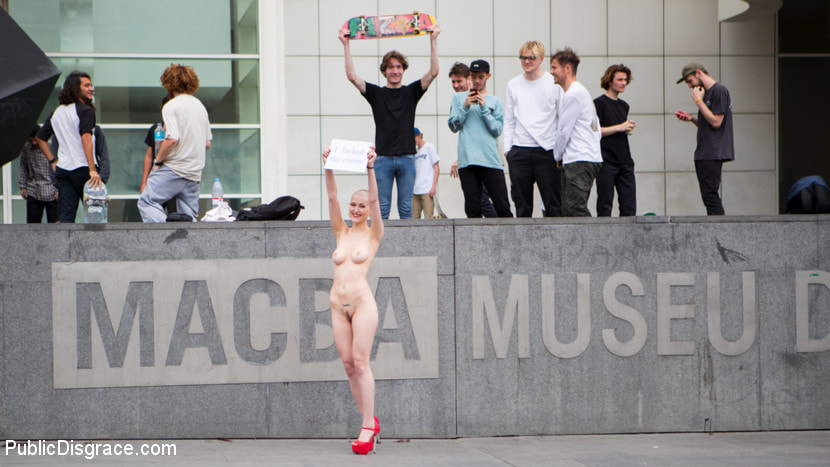 Petitie Slut Nerea Falco Shaves Head and Gets Gang Fucked in Public!